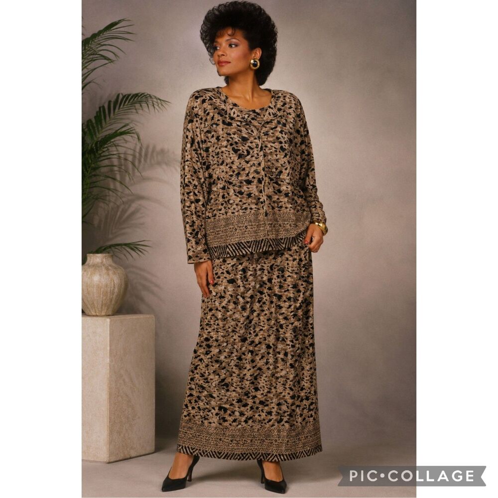 Vintage Pleat Pleat by Rafael 2PC Maxi Dress Top Set Animal Print Retro Women XL